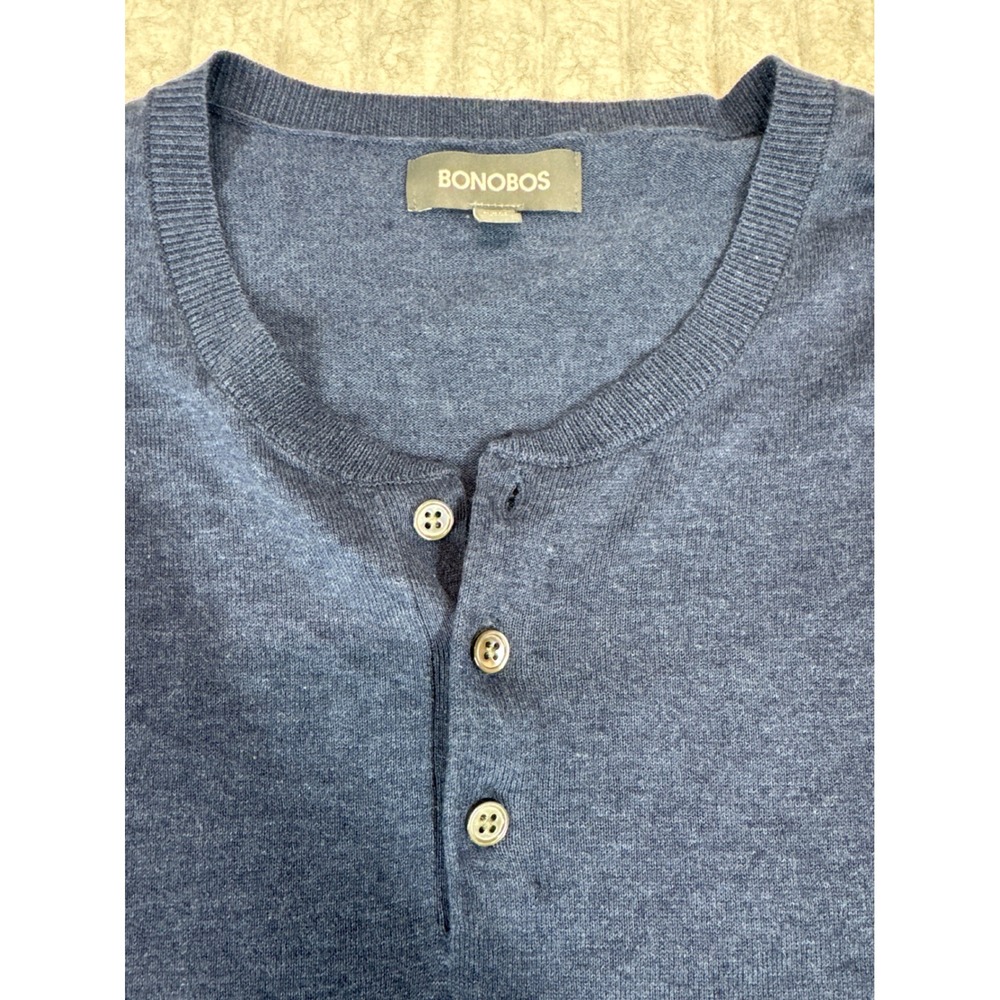 BONOBOS Mens Slim‎ Fit Long Sleeve Henley Sweater Blue XL Cotton Blend